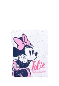 White fabric featuring a printed design of a character with a pink bow, black dress, and polka dots. Text below reads "Jolie Rêveuse."