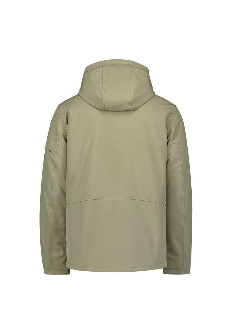 Veste soft-shell vert clair avec une capuche, présentant une texture lisse, des manches longues et des détails de couture au dos. Aucun élément de design visible à l'avant.