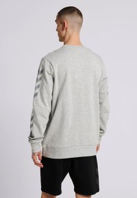 Grijze sweatshirt met lange mouwen, ribgebreide manchetten en een ronde hals. Heeft donkergrijze diagonale strepen op de linkermouw. Gedeeld met zwarte shorts.