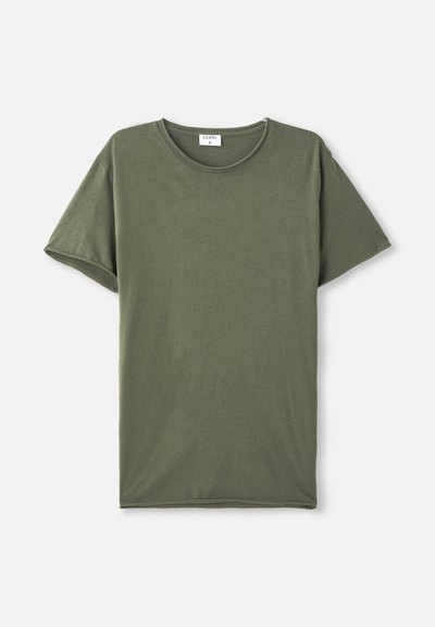 Tricou scurt cu mânecă zero, de culoare verde măslin, așezat plat pe un fundal alb.