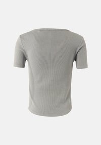 Grijze T-shirt met korte mouwen en een geribbelde textuur, ronde halslijn en een getailleerde pasvorm, met een gladde, eenvoudige achteraanzicht.