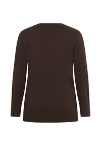 Pull tricoté marron foncé à manches longues avec un col rond et des poignets et un ourlet côtelés, vu de dos.