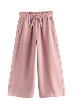 Wide-leg pink pants with elastic waistband, drawstring tie, belt loops, and front patch pockets.