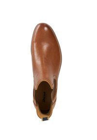 Brown leather ankle boot with a smooth finish, elastic side panels, and a tan heel tab. Inside features visible logo detailing.