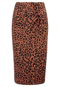 Leopardmönstrad blyertskjol i nyanser av brunt och svart med en vriden knutdetalj vid midjan, tillverkad av en mjuk och stretchig tyg.