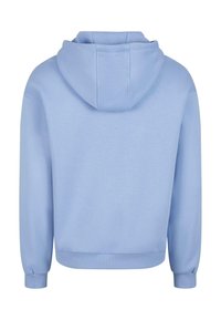 Lyseblå hettegenser med snøring på hetten, ribbestrikkede mansjetter og kant. Glatt tekstur, klassisk passform, og har ingen synlige logoer eller mønstre.