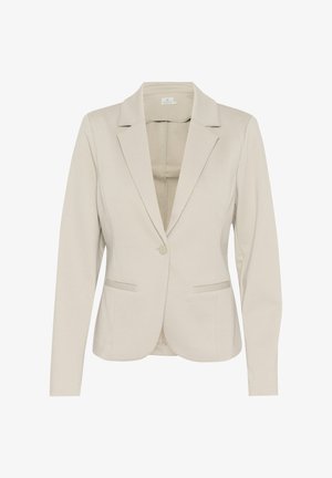 Bež blazer s klapnim ovratnikom, dolgimi rokavi, dvema sprednjima žepoma in enim gumbom za zapiranje. Gladka tkanina in krojen dizajn.