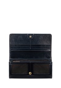 Czarny skórzany portfel o teksturowanym wykończeniu, z wieloma miejscami na karty, dwoma oknami na identyfikator z siatki oraz zapięciem na mosiężny zatrzask.