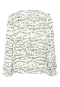 Biała bluzka z długim rękawem i czarnym wzorem falistym, okrągłym dekoltem i detalem w kształcie łezki na plecach. Miękki materiał z marszczonymi mankietami.