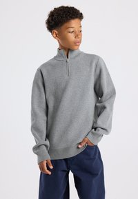 Gray sweater with a half-zip collar, long sleeves, and ribbed hem. Fabric appears soft and smooth, worn with navy blue pants.