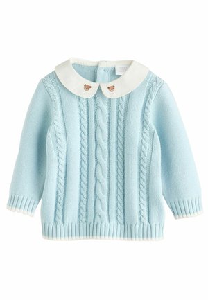 Pullover lavorato a maglia azzurro chiaro con colletto Peter Pan bianco, caratterizzato da due bottoni a forma di orsetto e polsini e orlo a coste. Dettaglio del design a trecce.