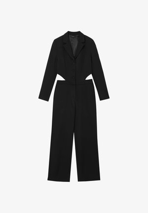 Schwarzer Jumpsuit mit einem Blazer-Stil-Oberteil, Notch-Kragen, drei Knöpfen, seitlichen Ausschnitten und weit geschnittenen Hosenbeinen. Glatte Textur.