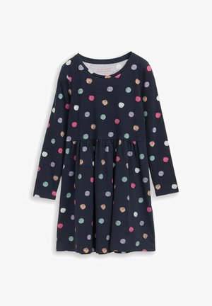 Granatowa sukienka z długim rękawem w wielokolorowe groszki. Miękki materiał, taliowany stan, okrągły dekolt i rozkloszowana spódnica.