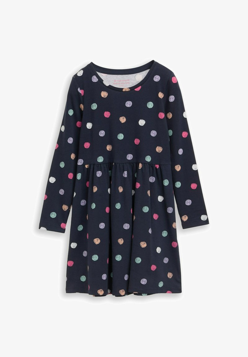 Marineblauwe jurk met lange mouwen en meerkleurige stippen. Zachte stof met een aangesnoerde taille, ronde halslijn en uitlopende rok.