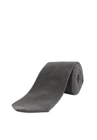 Sivý tkaný kravata, zrolovaná s hladkou textúrou. Úzky dizajn s jemným vertikálnym vzorom a čistými okrajmi pre upravený vzhľad.