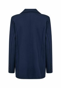Blazer aderente blu navy con rever e maniche lunghe, dotato di cinque bottoni sui polsini. Tessuto liscio con un design strutturato.