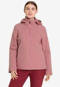 Rosa wasserdichte Jacke mit kapuze, Reißverschluss und zwei Fronttaschen. Verfügt über eine glatte Textur und verstellbare Manschetten für eine eng anliegende Passform.