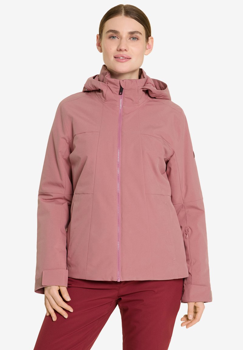 Rosa wasserdichte Jacke mit kapuze, Reißverschluss und zwei Fronttaschen. Verf ügt über eine glatte Textur und verstellbare Manschetten für eine eng anliegende Passform.