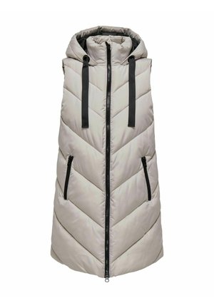 Gilet rembourré gris clair avec un design en chevrons, capuche, fermeture éclair sur le devant et deux poches latérales zippées, avec des éléments et accents en noir.