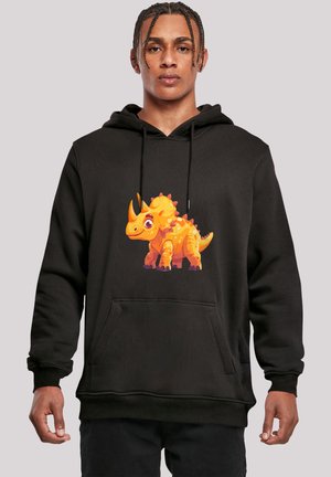 Black hoodie with a front pocket, featuring a colorful, cartoonish dinosaur graphic in orange and yellow. Cotton blend material.