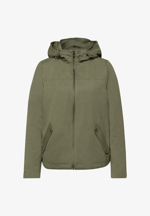 Giacca con cappuccio verde oliva con cerniera frontale e due tasche con patta e bottone a pressione, progettata per un uso casual all'aperto.