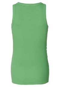 Groene geribbelde mouwloze top met een ronde halslijn, getailleerde pasvorm en een gladde textuur. Geen zichtbare logo's of versieringen.