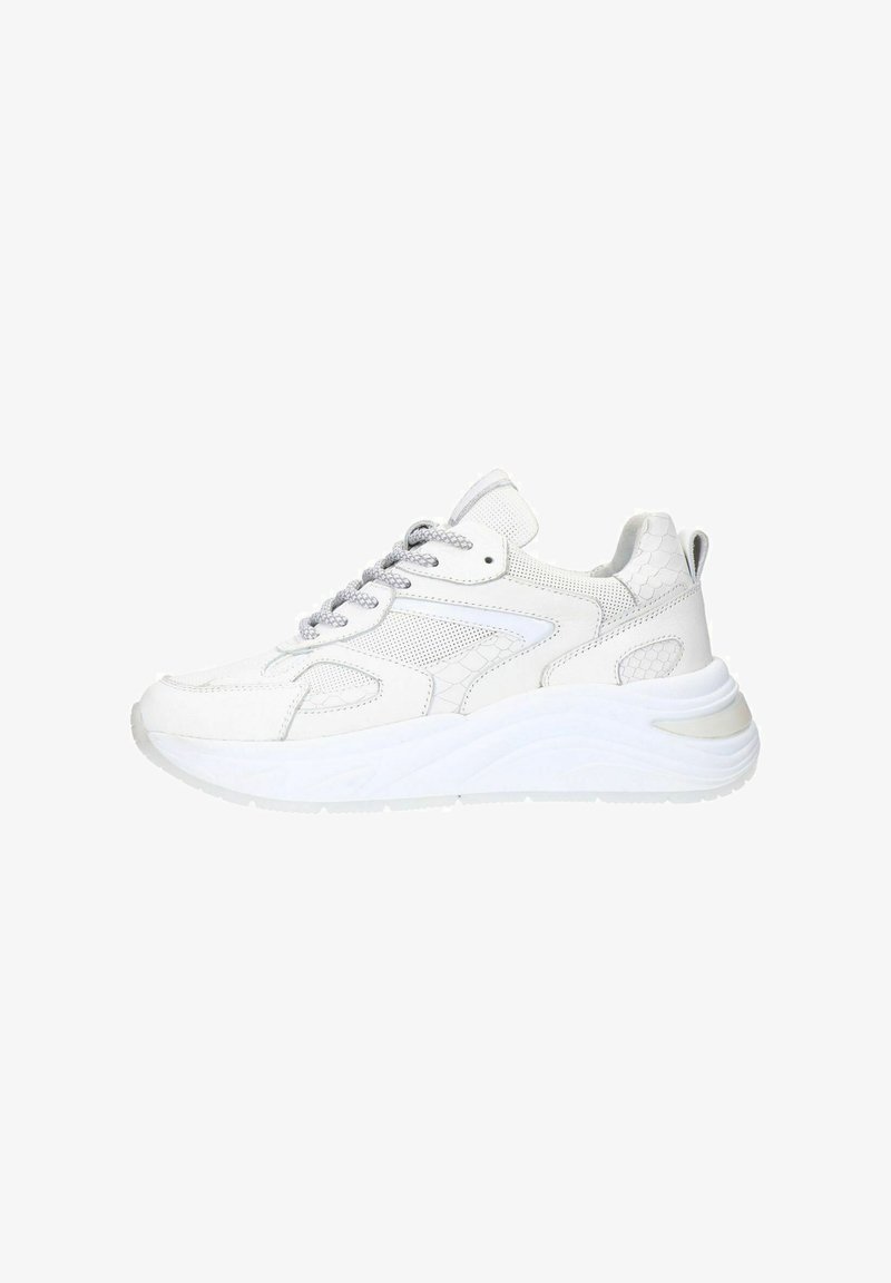 White sneakers with textured panels, a chunky sole, and gray laces. Features smooth and patterned materials for contrast. Side view displayed.
