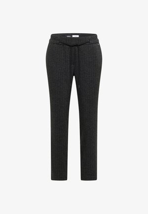 Harmaat herringbone-housut, joissa on naru vyötäröllä, kapenevat lahkeet ja sileä pinta. Etutaskut eivät ole näkyvissä.