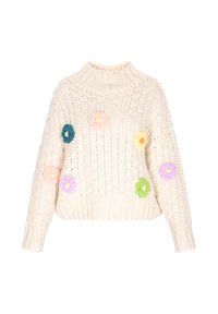 Cremefarbener Strickpullover mit hohem Kragen, verziert mit mehrfarbigen Blumenapplikationen in Grün, Blau, Pink, Gelb und Lila, und einem cropped Design.