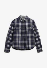 Checkered flannel shirt in navy blue and white. Features a button-down collar, two front pockets, and a curved hem. Long sleeves.