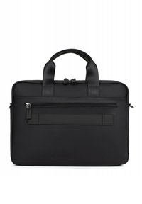 Zwarte laptoptas gemaakt van gestructureerd synthetisch materiaal, met dubbele handvatten, een voorklep met rits en een stijlvolle rechthoekige vorm.