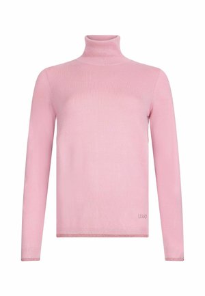 Maglione dolcevita rosa chiaro con maniche lunghe, texture a coste e una leggera lucentezza all'orlo. Il logo del marchio è presente sul lato.