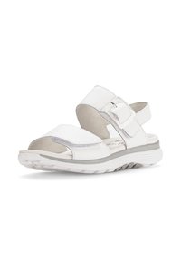 Weiße Leder-Sandale mit breitem Riemen und Schnallen-Details. Verfügt über eine offene Zehenpartie und eine gepolsterte Sohle, die für Komfort und Unterstützung sorgt.