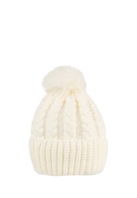 Cream-colored knitted winter hat with a ribbed cuff, cable knit pattern, and a fluffy pom-pom on top.