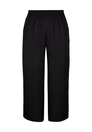 Black wide-leg pants with an elastic waistband, featuring textured fabric and a relaxed fit. No pockets or additional details visible.