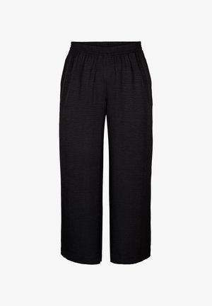 Pantalones de pierna ancha negros con cinturilla elástica, que presentan una tela texturizada y un ajuste holgado. Sin bolsillos ni detalles adicionales visibles.