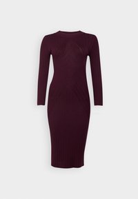 Abito a maglia borgogna con maniche lunghe, caratterizzato da un design aderente, texture a coste e motivi a zigzag in tutto l'abito.