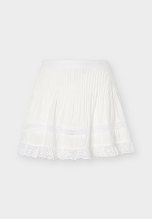 Λευκή πλισέ μίνι φούστα με δαντέλα στη ραφή και δύο οριζόντιες δαντέλες πάνω από την κυμματιστή κάτω άκρη.