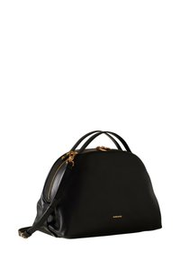 Borsa a mano in pelle nera dalla forma arrotondata, con doppi manici superiori e tracolla staccabile. Dettagli in metallo dorato e logo discreto.