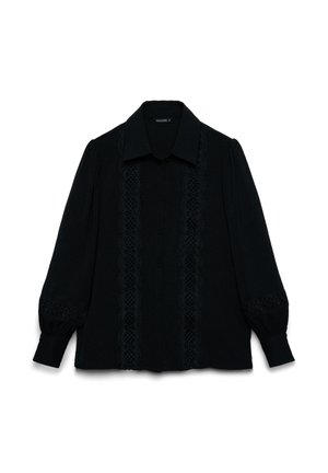 Black long-sleeve blouse with a front button closure, lace detailing down the center, and pleated sleeves. Textured fabric with a collared neck.
