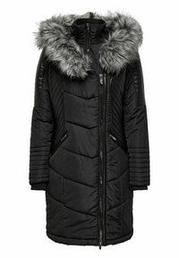 Manteau noir matelassé avec capuche grise en fausse fourrure amovible. Il présente un design matelassé diagonal, deux poches zippées et des poignets en tricot côtelé.