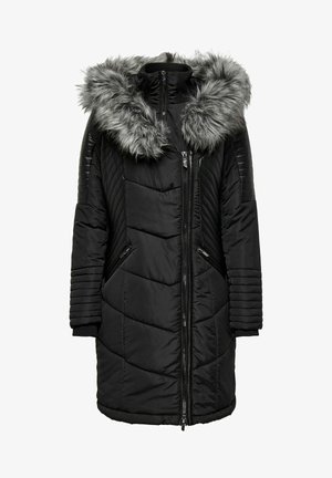 Melnas polsterētas virsjaka ar noņemamu pelēku mākslīgās kažokādas kapuci. Dizainā ir diagonālas šuves, divas kabatas ar rāvējslēdzējiem un ribaina adījuma aproces.