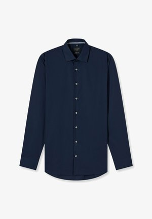Dunkelblaues Langarm-Hemd für Herren mit Knopfverschluss und klassischem Kragen.