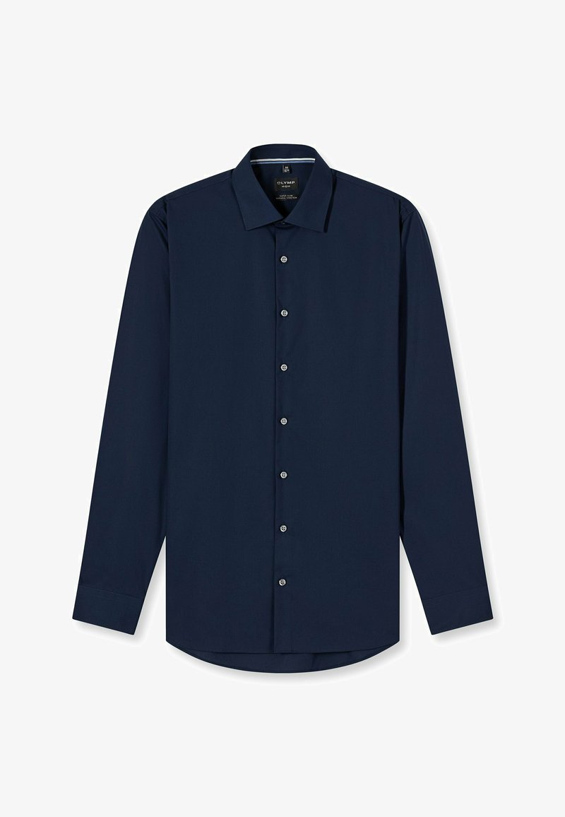 Navy blue long-sleeve men's dress shirt with button-up front and classic collar.