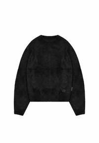 Schwarzer gestrickter Pullover mit flauschiger Textur, Rundhalsausschnitt, langen Ärmeln und geripptem Saum. Kleines Logodetail nahe der unteren linken Seite.