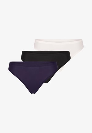 Drie damesonderbroeken: één witte, één zwarte en één donkerpaarse, allemaal met een gladde stof en een low-rise ontwerp.