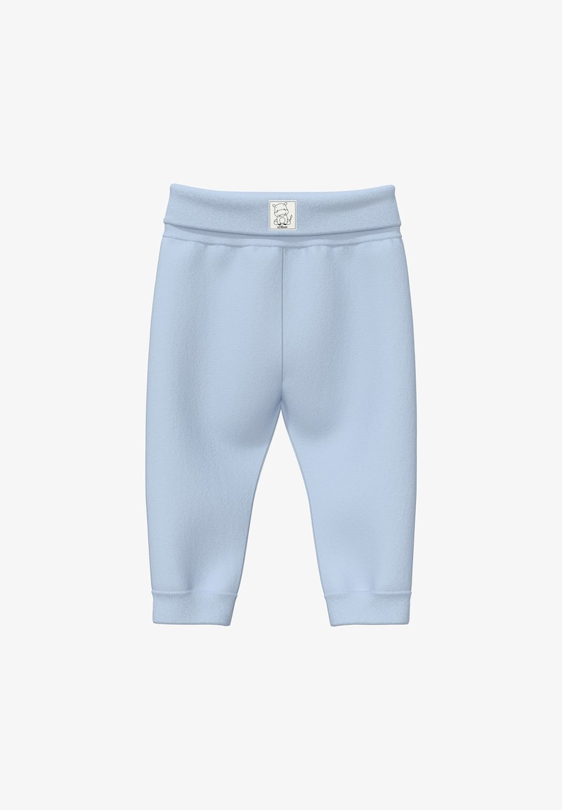 Pantalon pour bébé en tissu doux bleu clair avec taille élastique et revers pliés, orné d'un petit patch logo ours au centre devant.