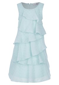 Abito senza maniche di un azzurro chiaro con ruffles a strati, tessuto a pois, bordi rifiniti e chiusura con zip sul retro.