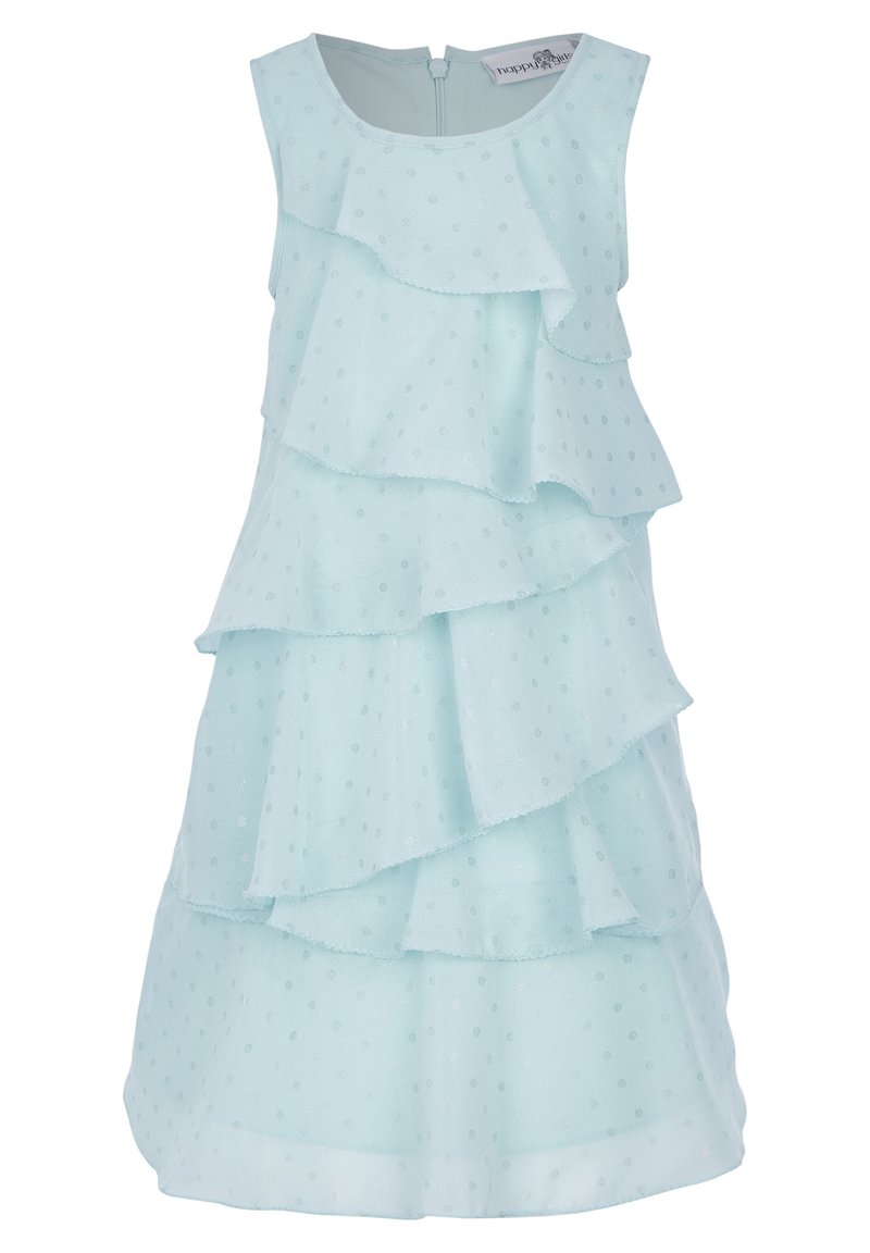 Abito senza maniche di un azzurro chiaro con ruffles a strati, tessuto a pois, bordi rifiniti e chiusura con zip sul retro.