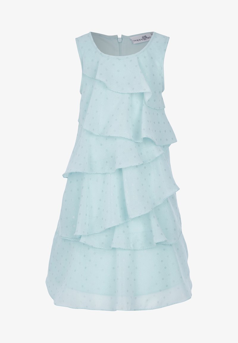 Abito senza maniche di un azzurro chiaro con ruffles a strati, tessuto a pois, bordi rifiniti e chiusura con zip sul retro.